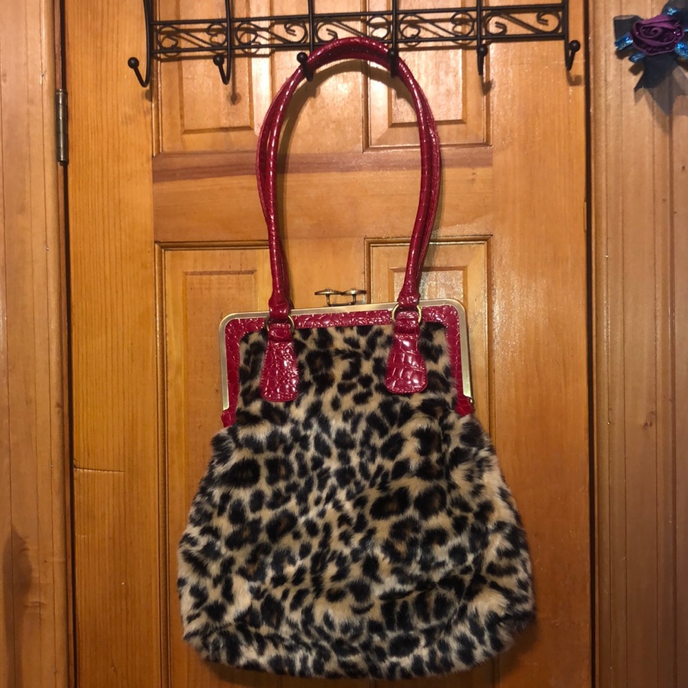NEVER USED! Large leopard bag w red leather detail